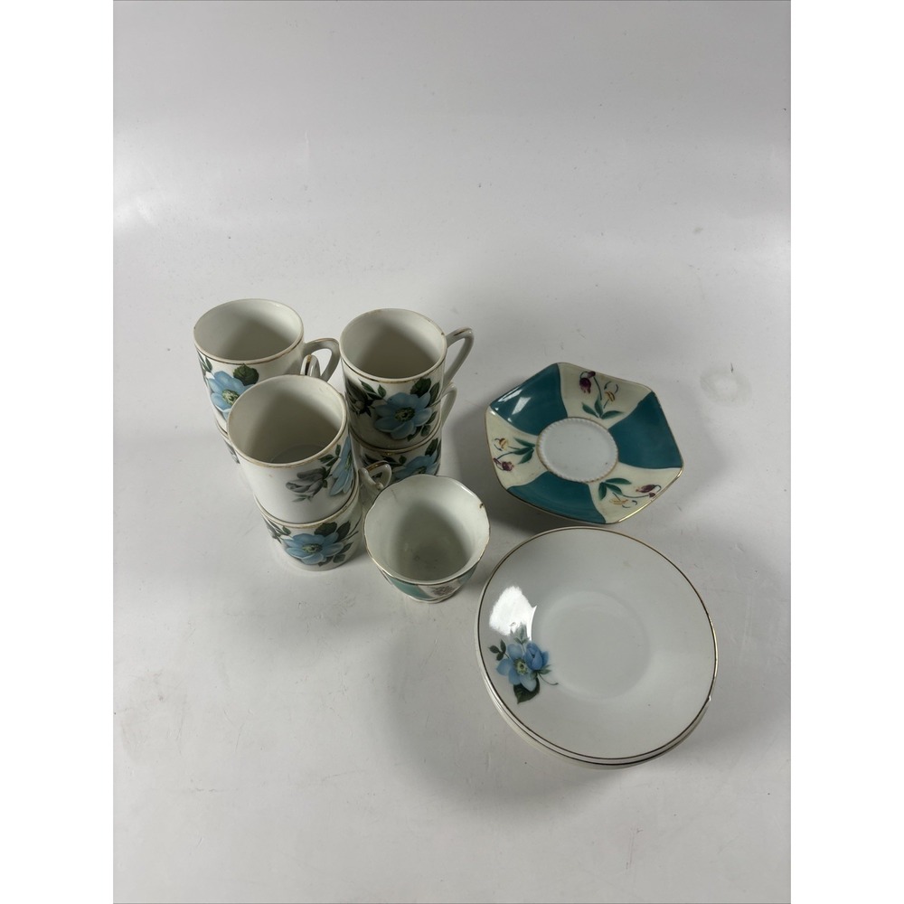 Vintage Fruit Japan Porcelain Tea Set Lot Blue Floral Cups Saucers Mid Century - Picture 2 of 7